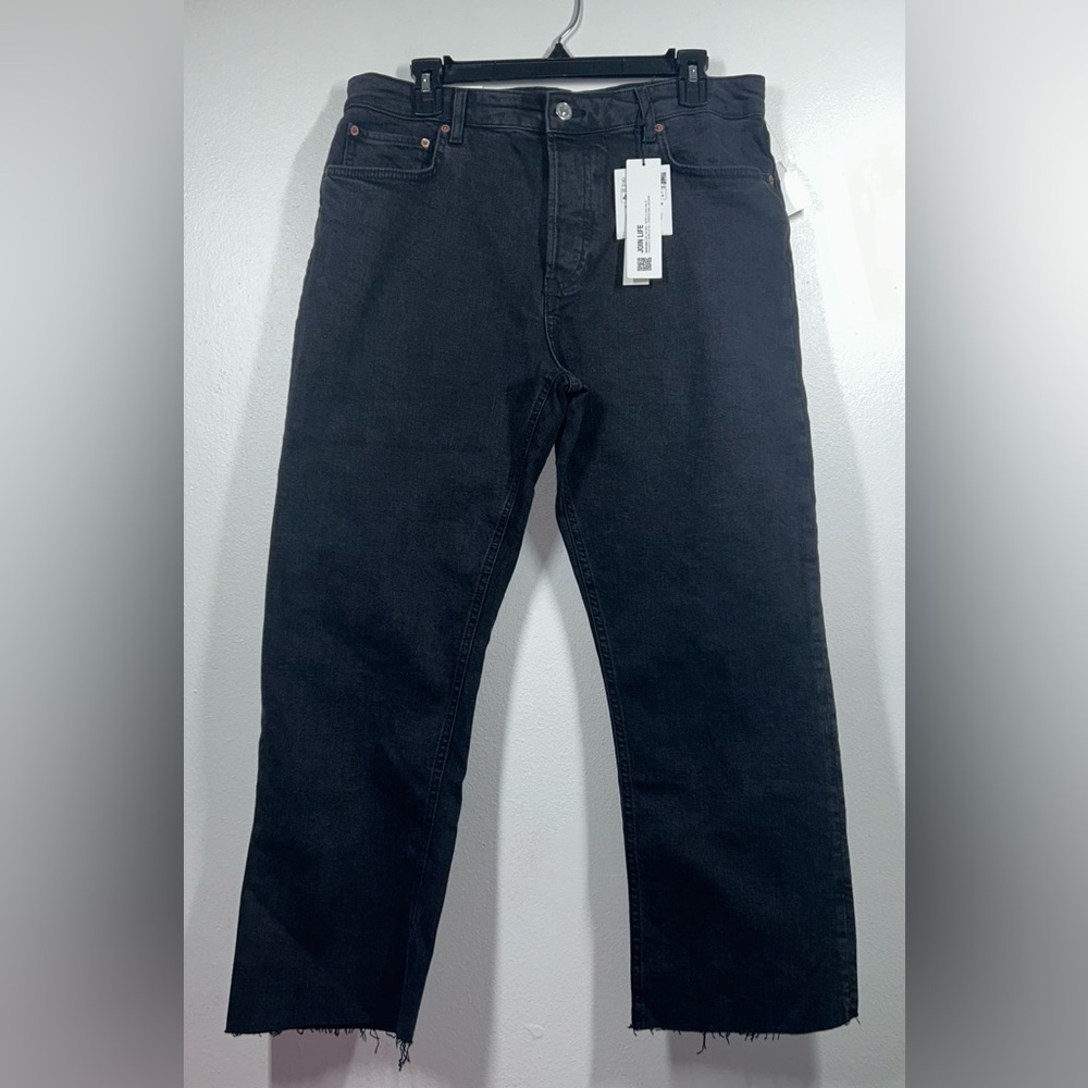Zara The Dreed Flare Jeans Button Fly Black Slim Fit High Rise Crop Raw Hem‎ 12